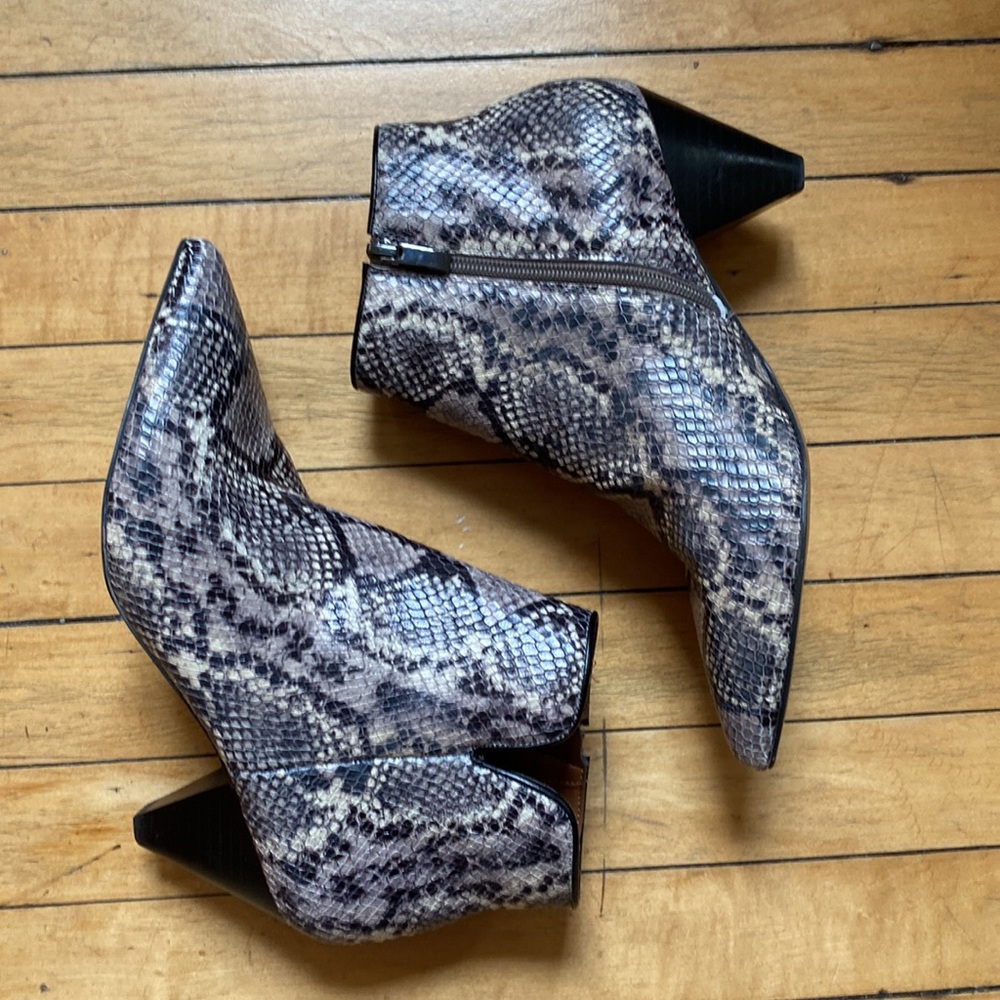 Franco Sarto kitten heel snake print leather booties